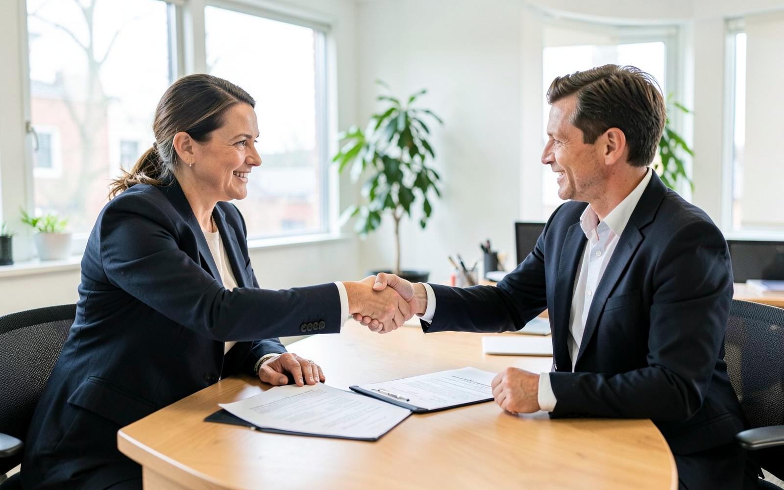 Twee ondernemers bespreken een bedrijfsovername aan tafel
